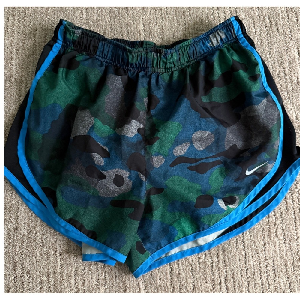 Nike Dri-FIT Tempo Running Shorts Womens Medium Camo Green Blue Black Mesh Trim